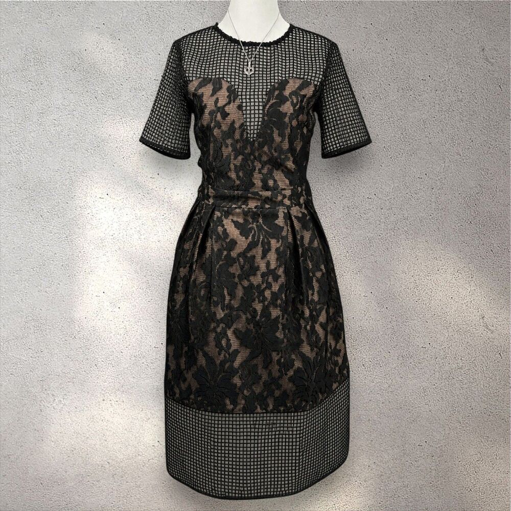 ELLIATT Velosity Midi Cocktail Dress Women's XS Black Neutral Lace Mesh Evening